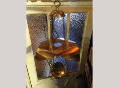 WAS Benson. A brass and copper hanging tiered oil lamp with petal shade to the top. - Thumbnail 4