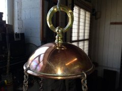 WAS Benson. A brass and copper hanging tiered oil lamp with petal shade to the top. - Thumbnail 5