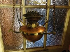 WAS Benson. A brass and copper hanging tiered oil lamp with petal shade to the top. - Thumbnail 6