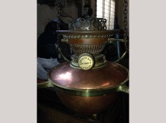 WAS Benson. A brass and copper hanging tiered oil lamp with petal shade to the top. - Thumbnail 7