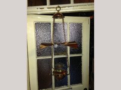 WAS Benson. A brass and copper hanging tiered oil lamp with petal shade to the top. - Thumbnail 8