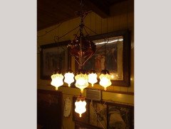 WAS Benson. An outstanding Arts and Crafts copper and brass chandelier with six James Powell of Whitefriars Vaseline shades - Thumbnail 1