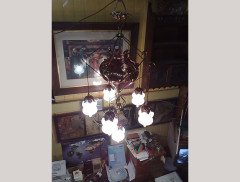 WAS Benson. An outstanding Arts and Crafts copper and brass chandelier with six James Powell of Whitefriars Vaseline shades - Thumbnail 2