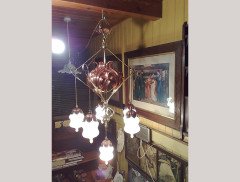WAS Benson. An outstanding Arts and Crafts copper and brass chandelier with six James Powell of Whitefriars Vaseline shades - Thumbnail 3