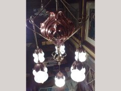 WAS Benson. An outstanding Arts and Crafts copper and brass chandelier with six James Powell of Whitefriars Vaseline shades - Thumbnail 4