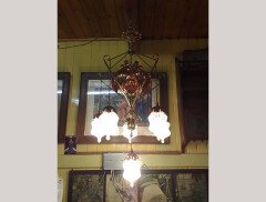 WAS Benson. An outstanding Arts and Crafts copper and brass chandelier with six James Powell of Whitefriars Vaseline shades - Thumbnail 5
