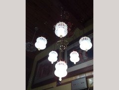 WAS Benson. An outstanding Arts and Crafts copper and brass chandelier with six James Powell of Whitefriars Vaseline shades - Thumbnail 6