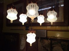 WAS Benson. An outstanding Arts and Crafts copper and brass chandelier with six James Powell of Whitefriars Vaseline shades - Thumbnail 7