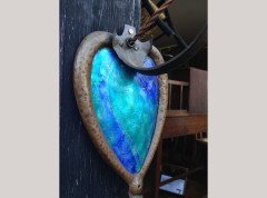 A pair of Arts and Crafts copper wall lights with peacock blue enamel heart shaped back plates. - Thumbnail 6