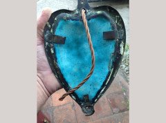 A pair of Arts and Crafts copper wall lights with peacock blue enamel heart shaped back plates. - Thumbnail 8