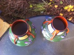 A good rare pair of Foley Intarsio vases, hand decorated with vivid swirling Iris's on a rich green back ground - Thumbnail 5