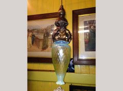 An Arts and Crafts copper pendant retaining the original Vaseline shade - Thumbnail 1