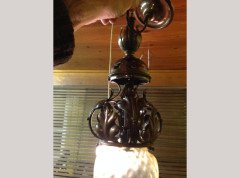 An Arts and Crafts copper pendant retaining the original Vaseline shade - Thumbnail 3