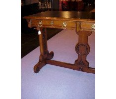 A W N Pugin for Gillows. A Gothic Revival two drawer leather writing table - Thumbnail 2