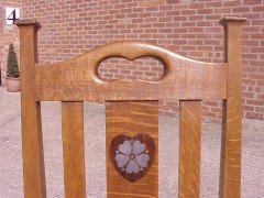 G M Ellwood for J S Henry. A set of six Arts and Crafts oak dining chairs inlaid with pewter and Ebony hearts - Thumbnail 7