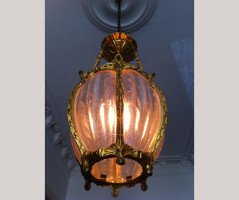 WAS Benson. An exceptional pair of three light, gilt bronze ceiling lights, with heavy moulded glass - Thumbnail 2