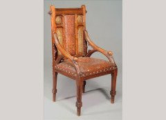 John Pollard Seddon for Seddon and Co. An important Gothic Revival carved oak embossed leather and caned armchair - Thumbnail 1