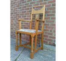G M Ellwood for J S Henry. A rare and important Arts and Crafts oak armchair and matching side chair - Thumbnail 4