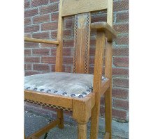 G M Ellwood for J S Henry. A rare and important Arts and Crafts oak armchair and matching side chair - Thumbnail 12