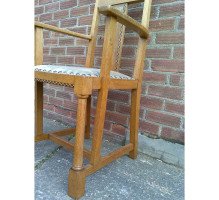 G M Ellwood for J S Henry. A rare and important Arts and Crafts oak armchair and matching side chair - Thumbnail 15