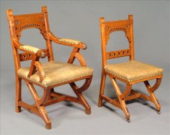 Charles Bevan for Marsh Jones and Cribb. A Reformed Gothic oak elbow chair and matching side chair - Thumbnail 1