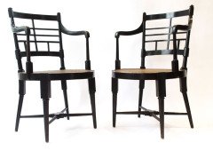 E W Godwin for William Watt. A rare pair of Old English or Jacobean ebonised curved back elbow chair - Thumbnail 1