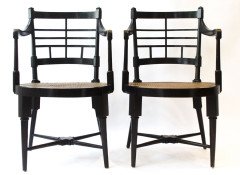 E W Godwin for William Watt. A rare pair of Old English or Jacobean ebonised curved back elbow chair - Thumbnail 2