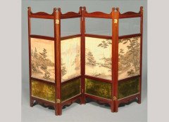E W Godwin (attributed). A mahogany four-fold screen, bevel glazed, with woven silk and velvet panel - Thumbnail 1