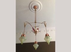 WAS Benson. An impressive copper and brass chandelier retaining the original James Powell of Whitefriars Vaseline glass shades - Thumbnail 1