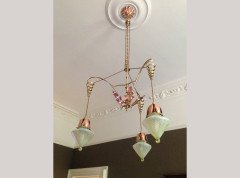 WAS Benson. An impressive copper and brass chandelier retaining the original James Powell of Whitefriars Vaseline glass shades - Thumbnail 2