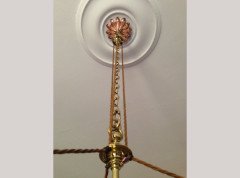 WAS Benson. An impressive copper and brass chandelier retaining the original James Powell of Whitefriars Vaseline glass shades - Thumbnail 3