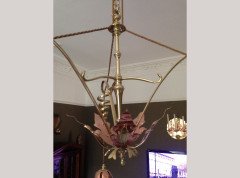 WAS Benson. An impressive copper and brass chandelier retaining the original James Powell of Whitefriars Vaseline glass shades - Thumbnail 4