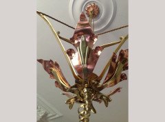 WAS Benson. An impressive copper and brass chandelier retaining the original James Powell of Whitefriars Vaseline glass shades - Thumbnail 5