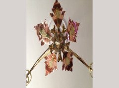 WAS Benson. An impressive copper and brass chandelier retaining the original James Powell of Whitefriars Vaseline glass shades - Thumbnail 6