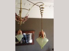 WAS Benson. An impressive copper and brass chandelier retaining the original James Powell of Whitefriars Vaseline glass shades - Thumbnail 7