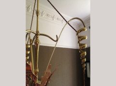 WAS Benson. An impressive copper and brass chandelier retaining the original James Powell of Whitefriars Vaseline glass shades - Thumbnail 8