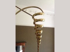 WAS Benson. An impressive copper and brass chandelier retaining the original James Powell of Whitefriars Vaseline glass shades - Thumbnail 9
