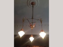 WAS Benson. An impressive copper and brass chandelier retaining the original James Powell of Whitefriars Vaseline glass shades - Thumbnail 10
