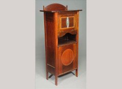 J S Henry. A Glasgow School mahogany, inlaid and enamelled narrow cabinet - Thumbnail 1