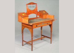 G M Ellwood for J S Henry. A mahogany, inlaid and leaded stained glass bureau - Thumbnail 1
