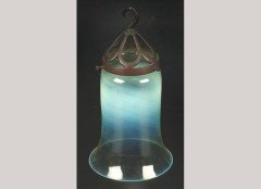 Birmingham Guild of Handicraft (manner). An Arts and Crafts oxidised metal and vaseline glass ceiling light shade - Thumbnail 1