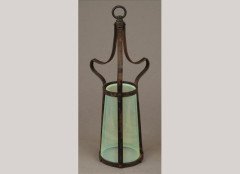 An Arts and Crafts wrought iron and vaseline glass hall lantern - Thumbnail 1