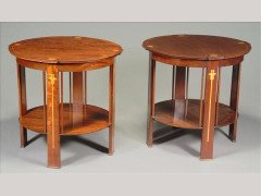 G M Ellwood for J S Henry.  A pair of mahogany and inlaid circular lamp tables - Thumbnail 1