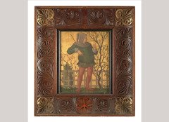 Henry Stacy-Marks. An oil on gilded panel in the medieval style of a gentleman passing his loved one a flower - Thumbnail 1