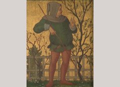 Henry Stacy-Marks. An oil on gilded panel in the medieval style of a gentleman passing his loved one a flower - Thumbnail 2