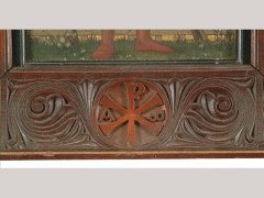 Henry Stacy-Marks. An oil on gilded panel in the medieval style of a gentleman passing his loved one a flower - Thumbnail 3