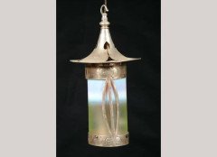 An Arts and Crafts silver plated brass and vaseline and cranberry glass cylindrical hall lantern - Thumbnail 1