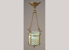 An Arts and Crafts brass and honeycomb vaseline glass hall lantern - Thumbnail 1