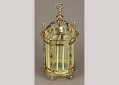An Arts and Crafts turned brass and striped vaseline glass hall lantern - Thumbnail 1