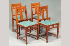 Birmingham Guild of Handicraft. A set of four oak and chequer line inlaid side chairs - Thumbnail 1